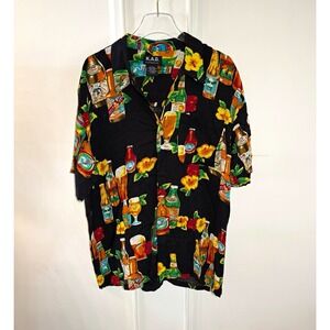 K.A.D. Clothing Co. Men's L Black Rayon Short Sleeve Beer Graphic Button-Up
